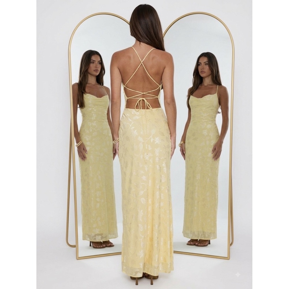 Princess Polly Yellow Floral Jacquard Cowl Neck Open Back Maxi Dress US 4